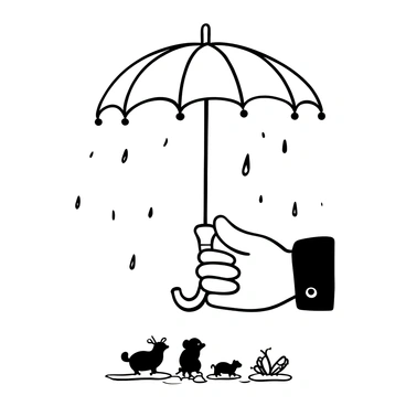 A giant hand is extending a large, open umbrella to provide shelter. Tiny creatures, such as small animals and insects, are gathered at the base of the umbrella, looking up towards it. Raindrops are falling around them, creating splashes on the ground. The setting includes puddles forming around the feet of the tiny creatures. The hand is detailed, showcasing the texture of the skin, while the umbrella is prominently displayed above, creating a protective canopy over the small figures.