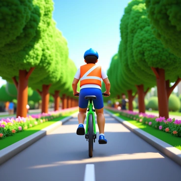 An Uber bike rider navigating through a traffic-free bike lane in a park
