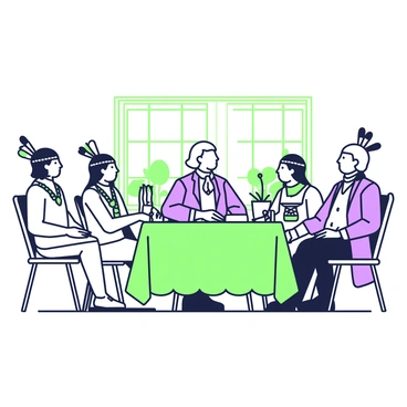 Thomas Jefferson, dressed in a formal suit with a waistcoat and a cravat, is seated at a large wooden table. The table is adorned with a green tablecloth and various papers. He is engaged in conversation with several Native American leaders, who are wearing traditional attire that features feathered headdresses and intricate beadwork. The leaders are seated around the table, actively listening and exchanging views. In the background, there are large windows allowing natural light to fill the room, and a few potted plants are placed near the windows, adding to the atmosphere of the respectful meeting.