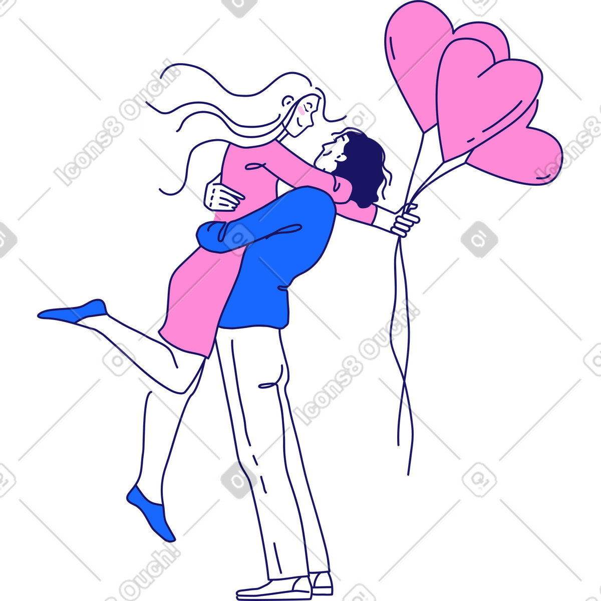 下载 Matey 风格的 男人用心形气球将女人抱在怀里 插画，支持 PNG、SVG 格式