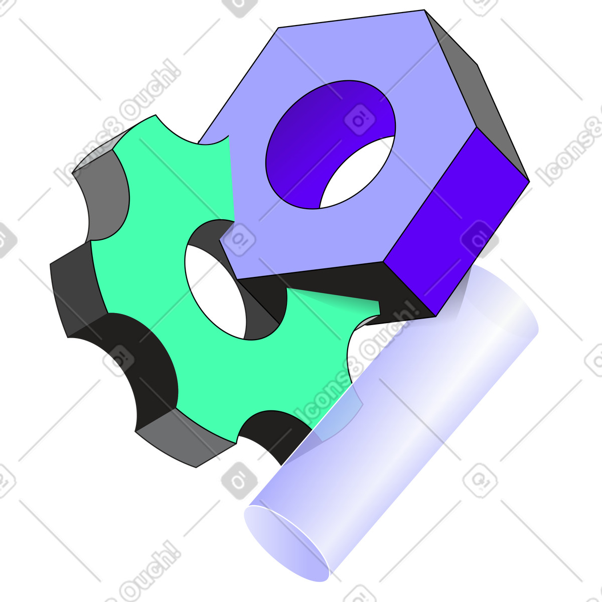 Illustration Engrenage, écrou hexagonal et cylindre dans le style Incut à télécharger aux formats PNG, SVG