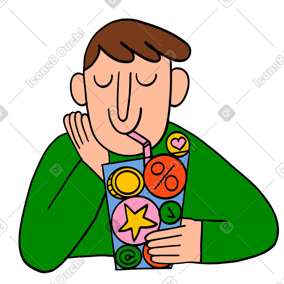 Illustration Bonus de consommation offerts par cup, récompenses fidélité et avantages remboursement dans le style Comic à télécharger aux formats PNG, SVG