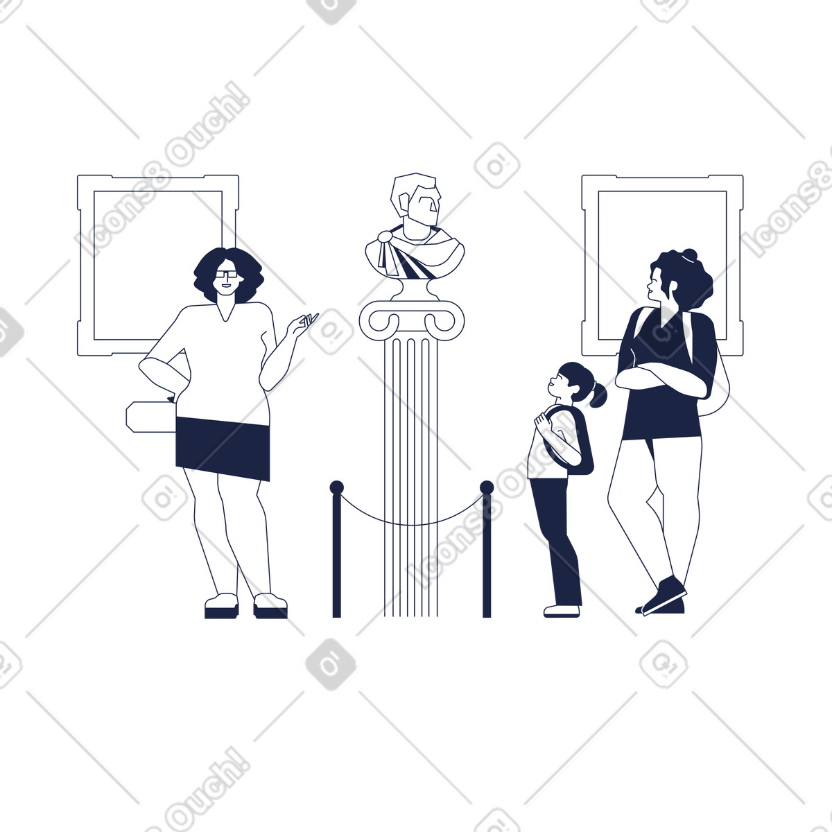 Guide explaining sculpture to visitors, Museum tour or cultural enrichment-Illustration im Urban Line-Stil als Download in PNG, SVG