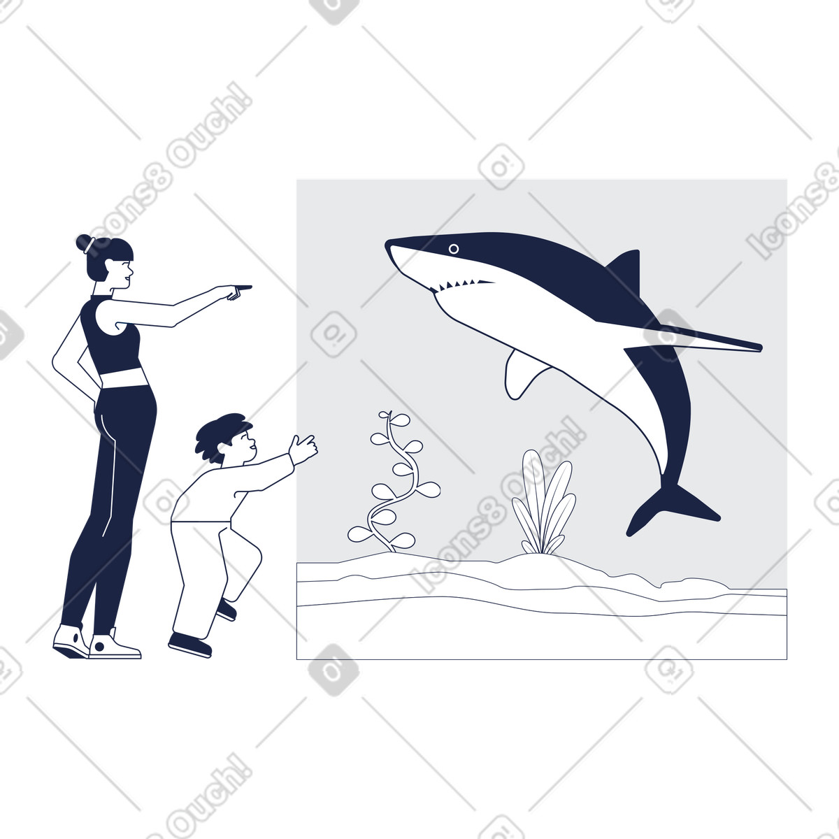 Ilustración Madre e hijo observando tiburones en el oceanario estilo Urban Line a descargar PNG y SVG