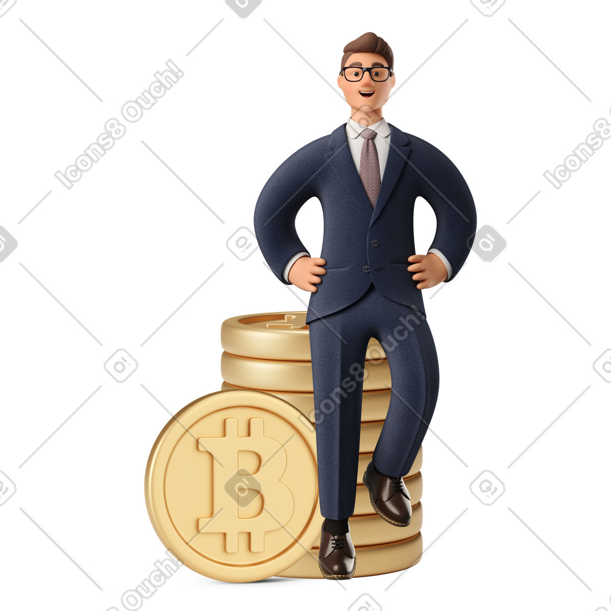 Ilustración Hombre de negocios, sentado, en, un, pila, de, recogido, bitcoins en estilo 3D Business a descargar en PNG y SVG