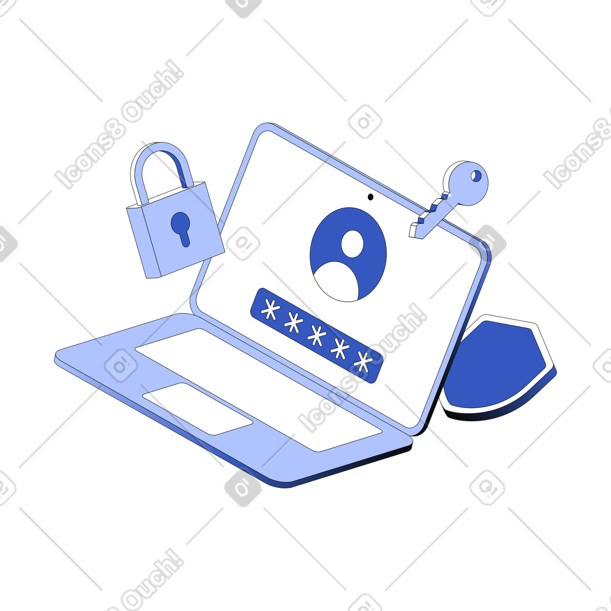 Sicurezza informatica con laptop bloccato da password illustrazione in stile Techny scarica in PNG, SVG