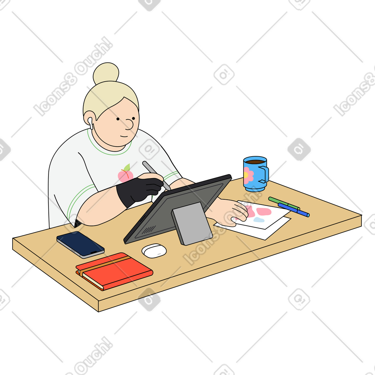Artist working on a graphics tablet illustration in Kindy style download in PNG, SVG