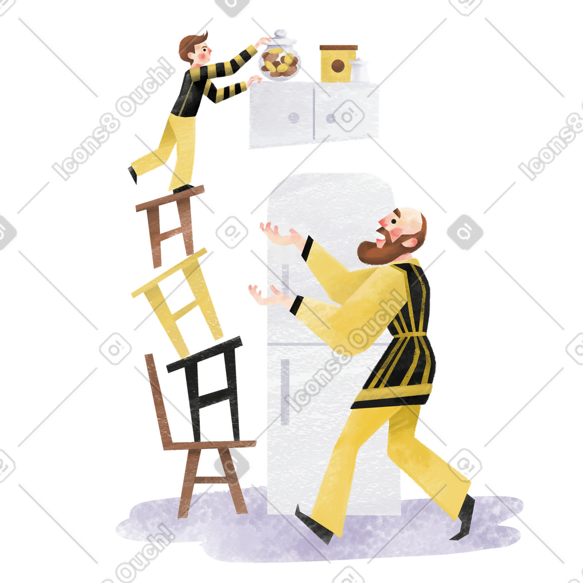 Ilustración Dangerous chair tower incident in kitchen, Childhood safety education or danger awareness en estilo Family a descargar en PNG y SVG
