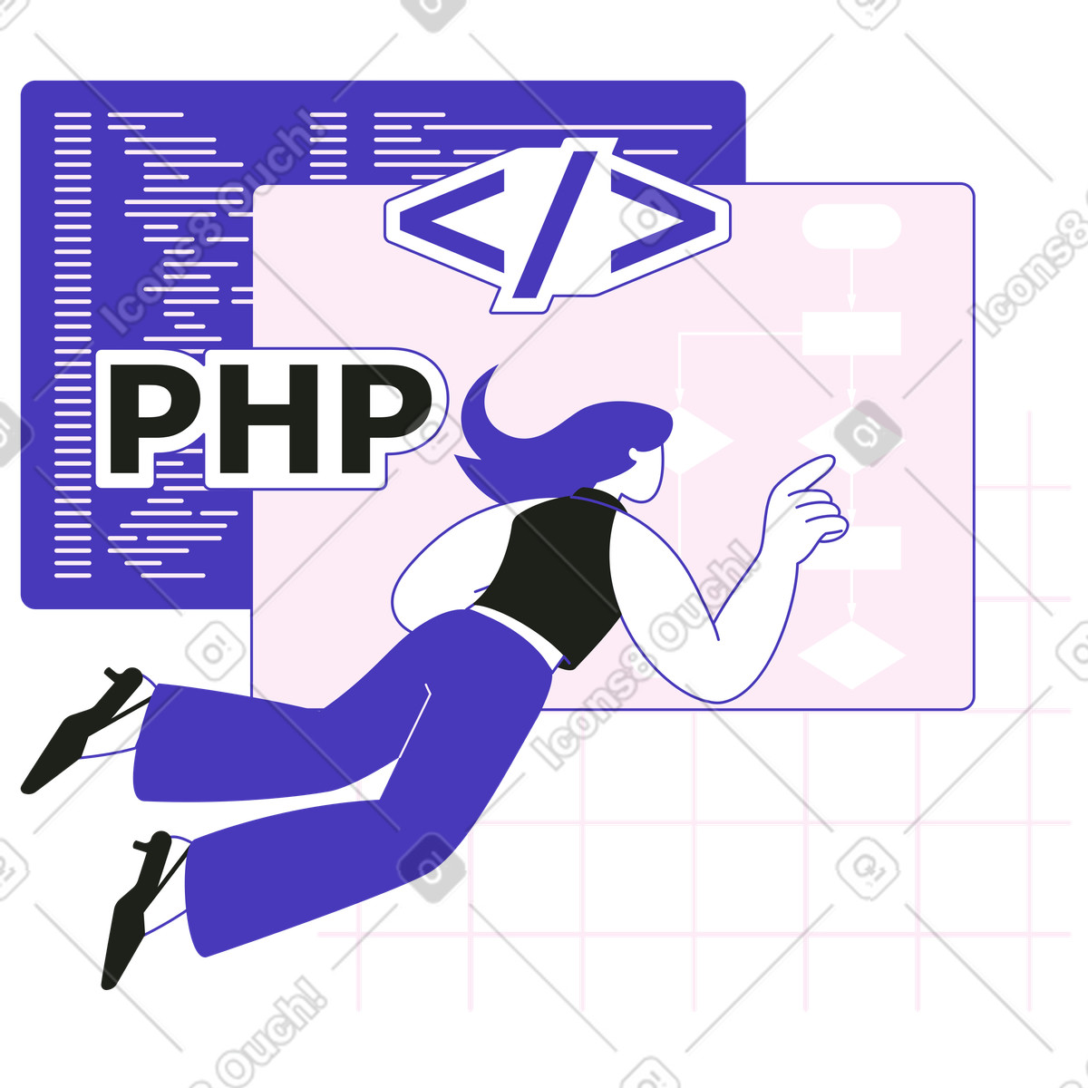 Ilustração de Mulher trabalhando com fluxograma e escrevendo código em no estilo Blueberry para baixar em PNG, SVG