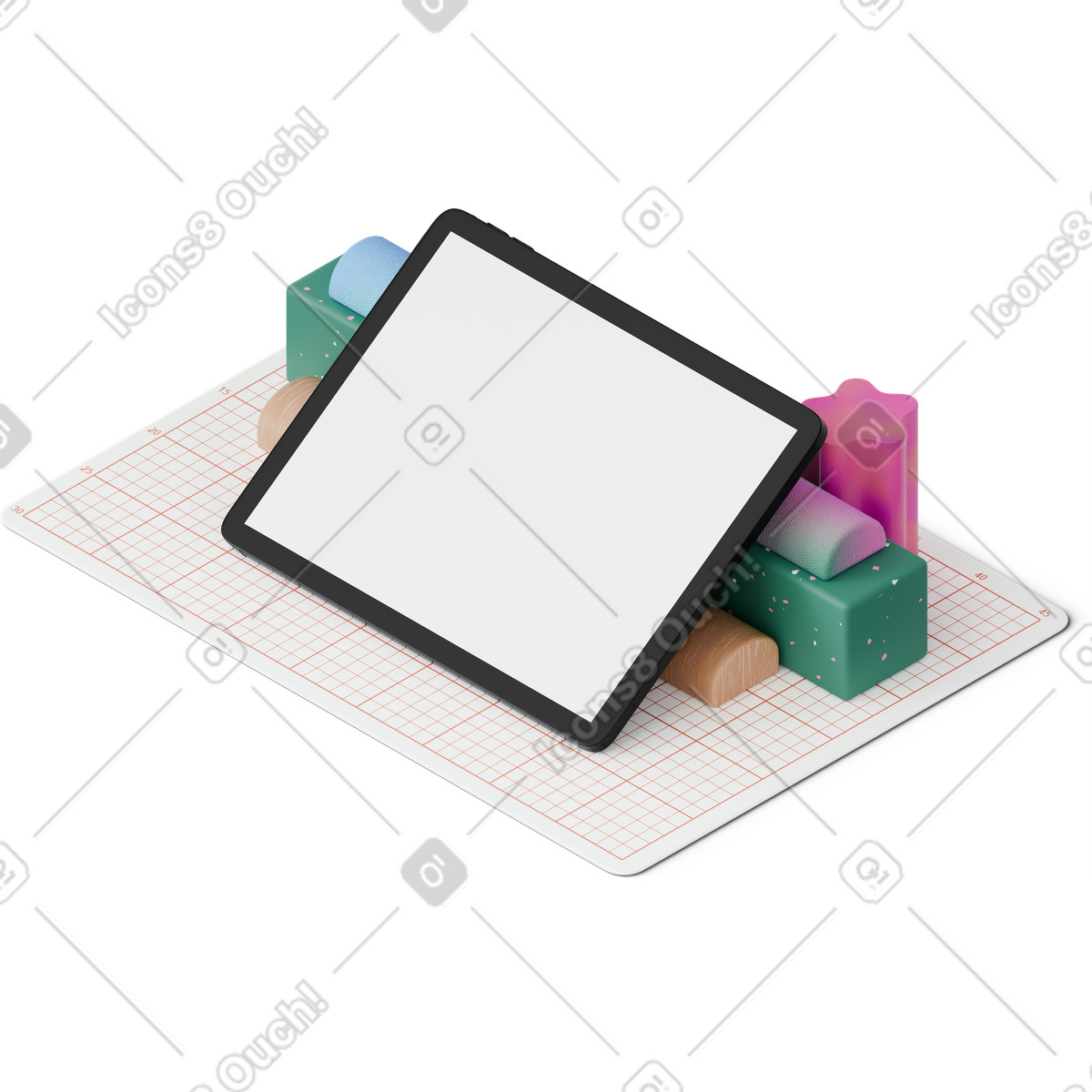 Isometric view of tablet mockup on cutting mat illustration in 3D Hygge style download in PNG, SVG