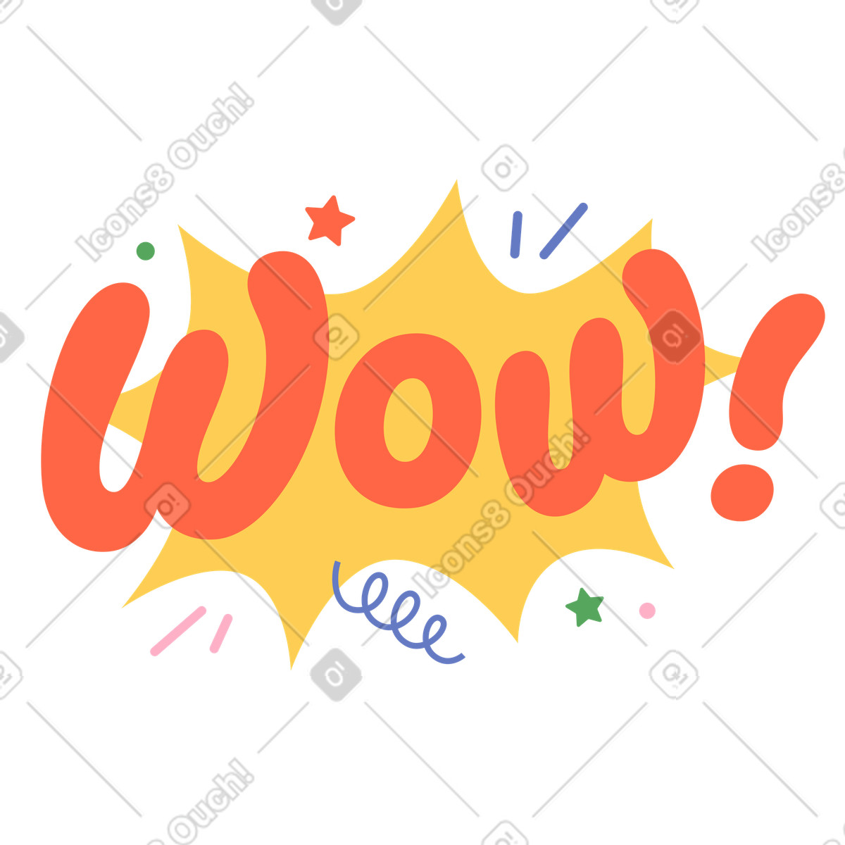 Decorative wow with colorful stars and doodles, Excitement positive reaction-Illustration im Social-Stil als Download in PNG, SVG