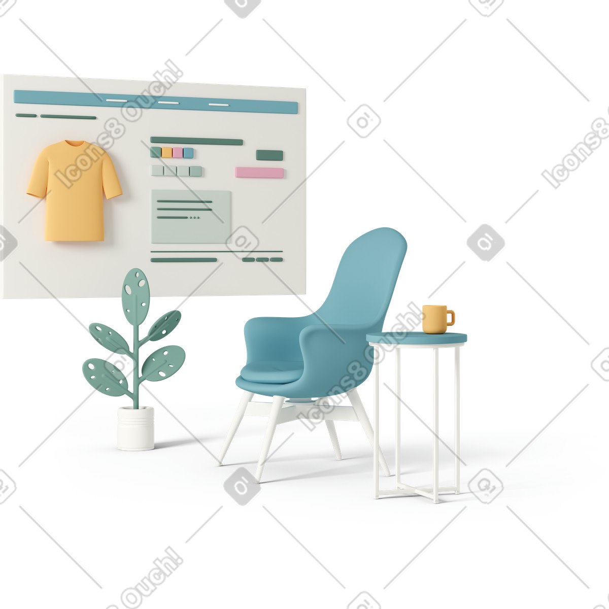 下载 3D Casual life 风格的 Online shopping at home 插画，支持 PNG、SVG 格式