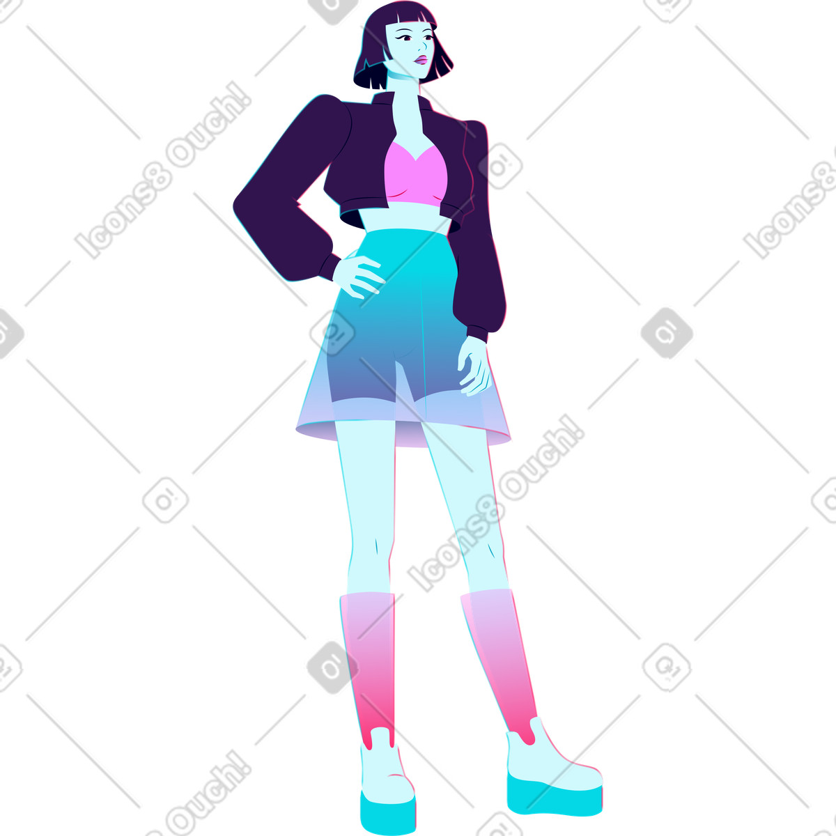 下载 Neon 风格的 站着的年轻女子，手放在腰带上 插画，支持 PNG、SVG 格式