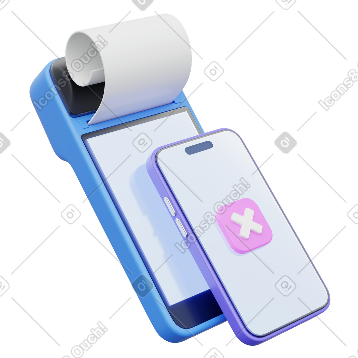 POS terminal decline, Mobile receipt machine with phone and pink cross, Failed transaction notification illustrazione in stile 3D Playful scarica in PNG, SVG