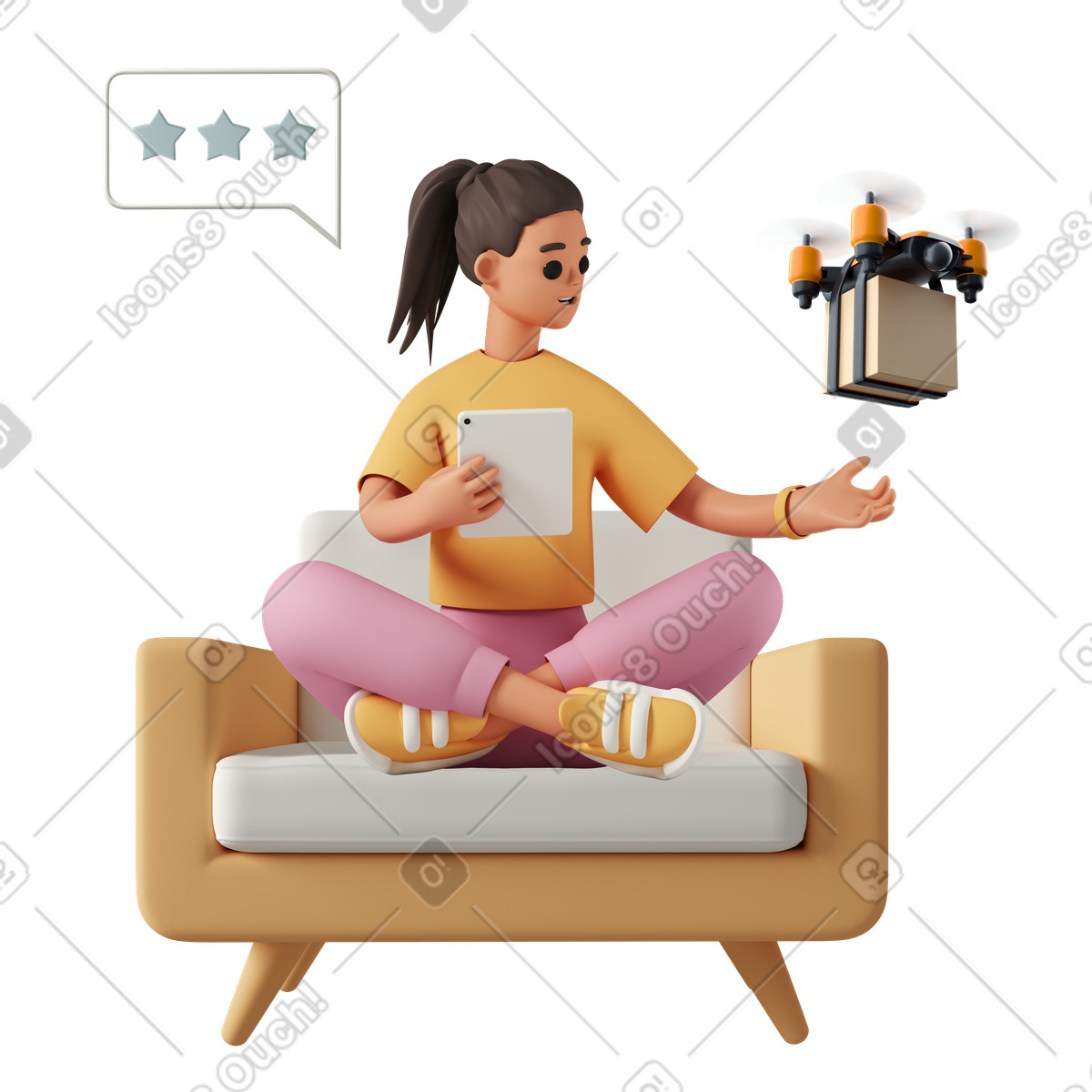Ilustração de Garota com tablet recebendo entrega drone em no estilo 3D Casual life para baixar em PNG, SVG