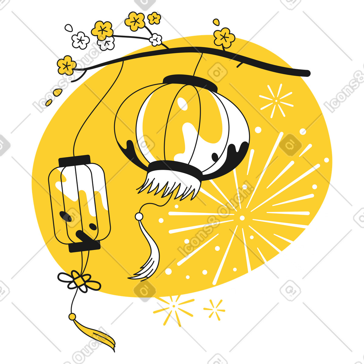 Lanterne e fiori di prugno con fuochi d'artificio, decorazioni natalizie per la festa lunare illustrazione in stile Taxi scarica in PNG, SVG