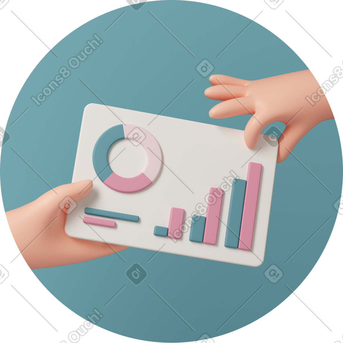 下载 3D Casual life 风格的 Hands passing bar and pie chart card, business analytics kpi dashboard 插画，支持 PNG、SVG 格式