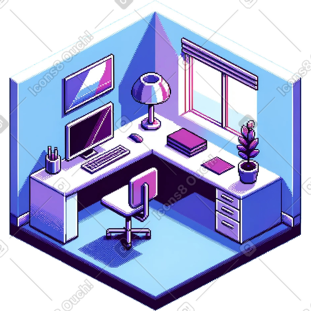 Room with corner office desk and light from window illustration in Rooms style download in PNG, SVG