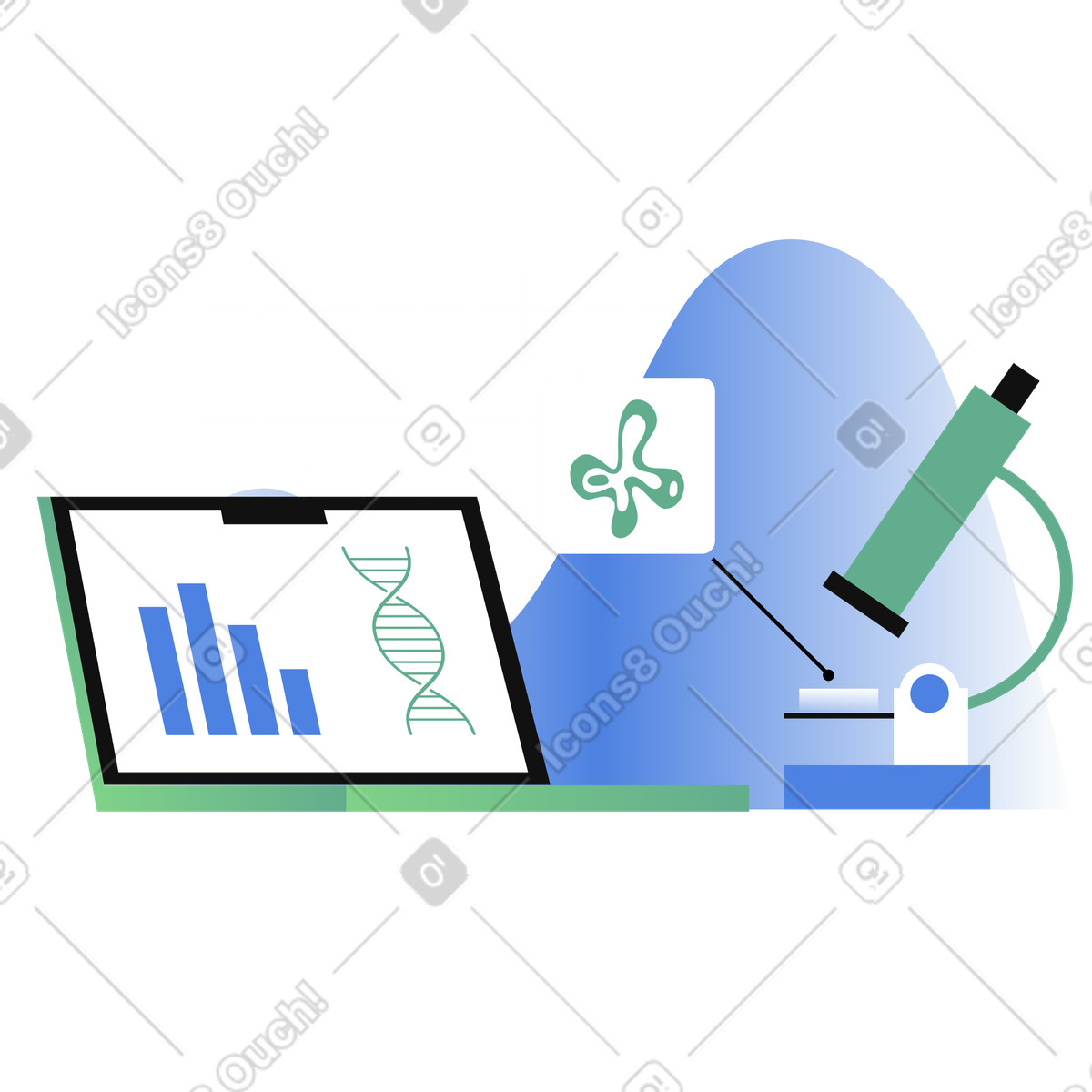 Biotech laboratory with microscope and laptop illustration in PNG, SVG