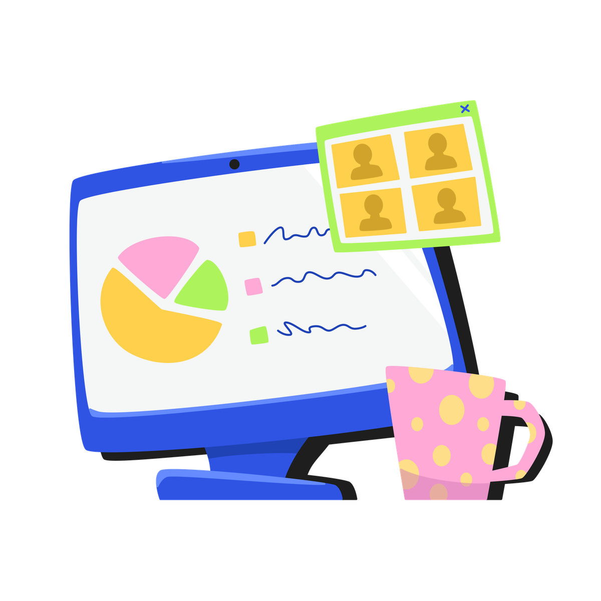 Ilustración An online meeting with colleagues and a presentation about analytics en estilo Bouncy descargar en PNG y SVG