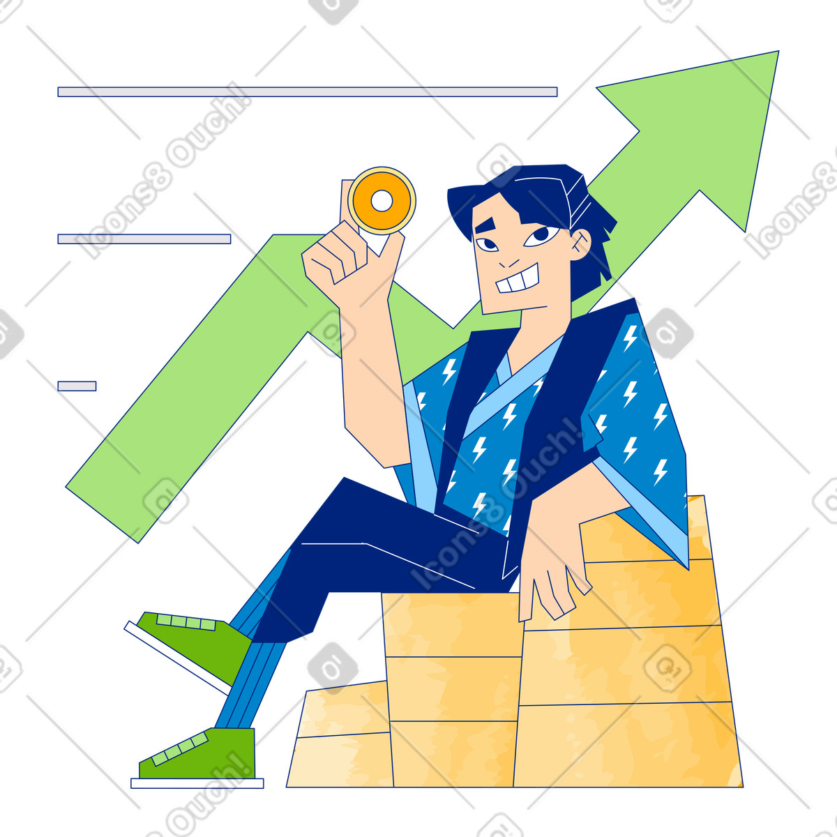 Uomo seduto su pile di monete con grafico crescita finanziaria sullo sfondo illustrazione animata in stile Neo-Sakura scaricabile in GIF, Lottie (JSON), AE