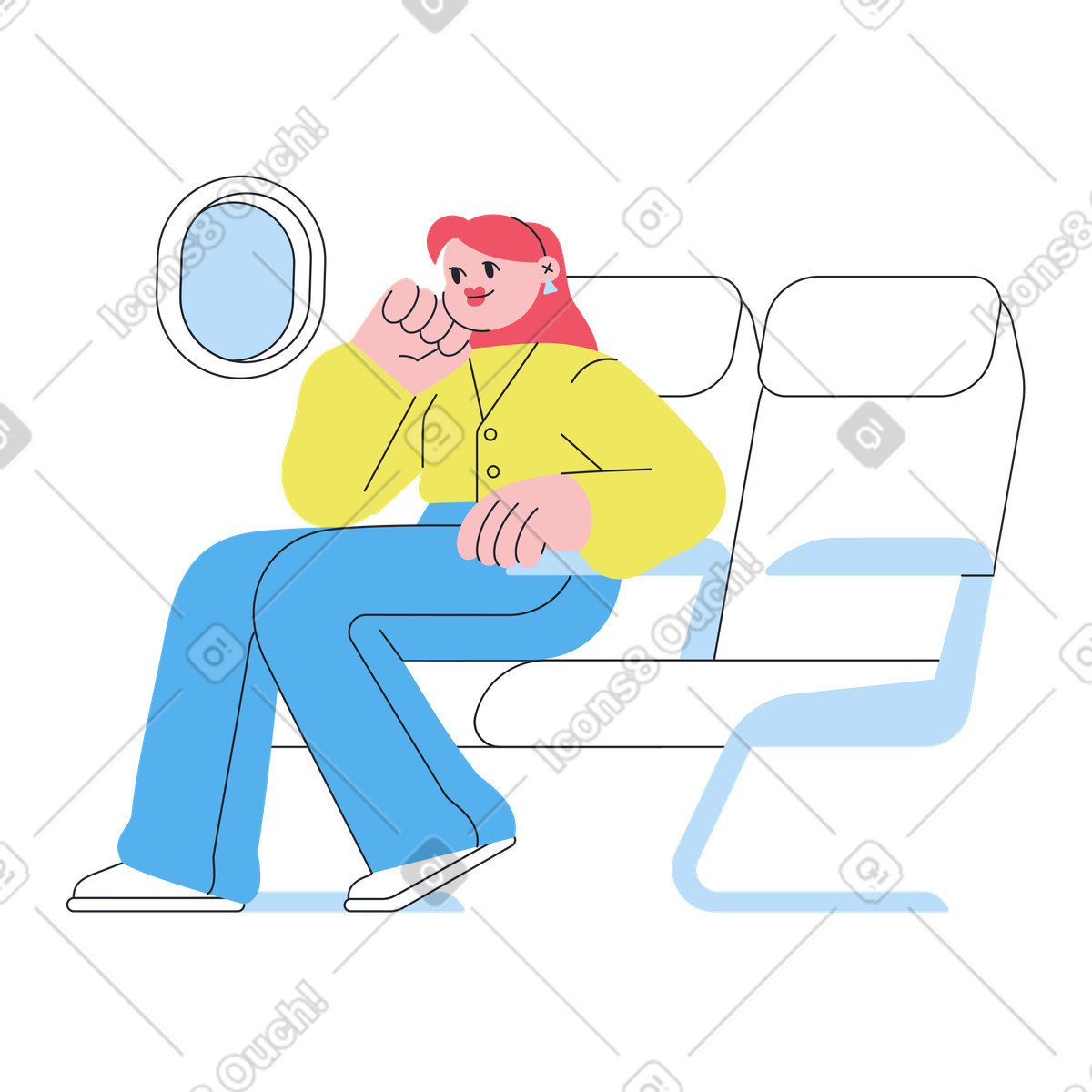 Ilustração de Mulher sentada no assento do avião ao lado da janela em estilo Boba para baixar em PNG, SVG