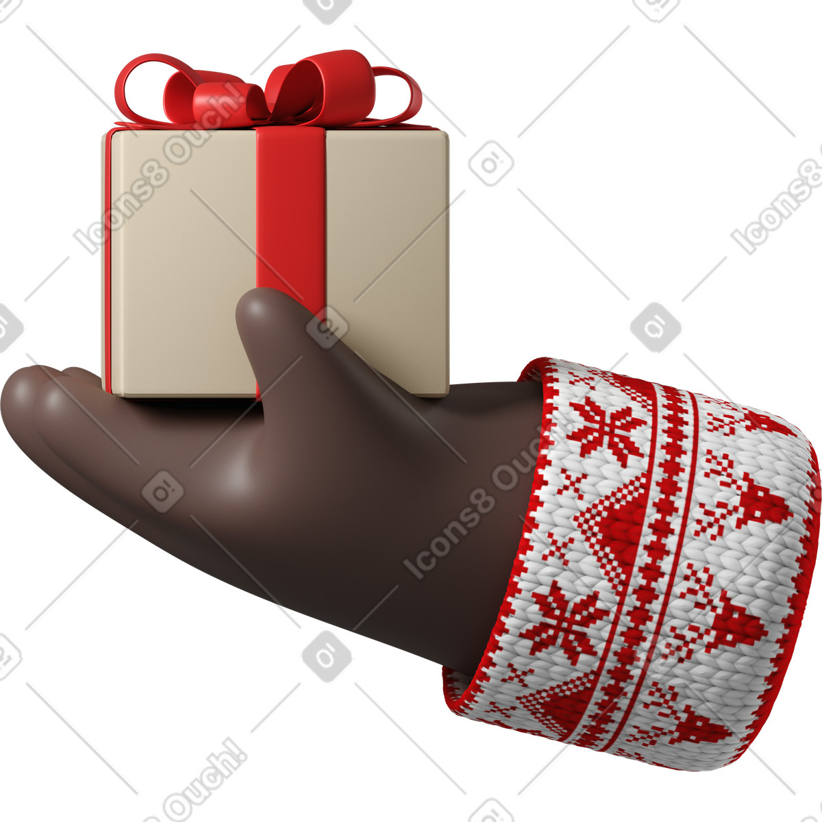 3D Hands Fun&Wild スタイルの ギフト用の箱を持ったクリスマス柄の白いセーターを着た黒い肌の手 のイラストをPNG、SVG形式でダウンロード