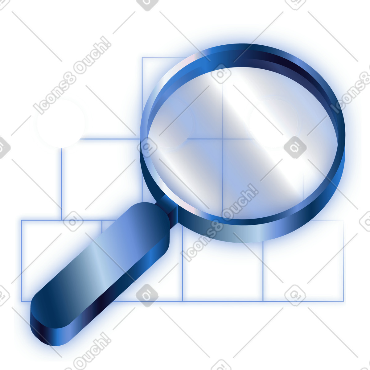 Illustration Glowing magnifying glass on abstract grid for information discovery dans le style Dimension à télécharger aux formats PNG, SVG