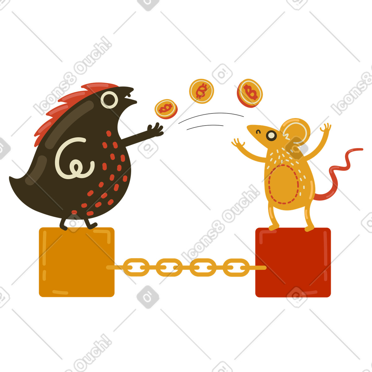 Bitcoin transaction between a bird and a mouse standing on blockchain illustration in PNG, SVG