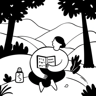 A person sitting cross-legged on a grassy hillside, holding a journal with a pen in hand. The journal is open, displaying handwritten notes about heart health. Next to the individual, there is a water bottle and a small heart-shaped figurine. Surrounding them are various trees, their leaves creating a natural canopy above. The sunlight filters through the leaves, casting intricate shadows on the ground. In the background, there are rolling hills and a gentle stream flowing, enhancing the peaceful atmosphere.
