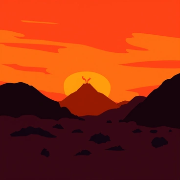 A fiery sunset with vibrant orange and red hues casting a warm glow across the rugged landscape of Mordor. The sky is filled with streaks of dark clouds, contrasting sharply with the bright colors of the sunset. In the foreground, jagged black mountains rise sharply against the horizon, their silhouettes dark against the vivid sky. Scattered patches of barren land and sharp rocks create a desolate terrain, emphasizing the harshness of the environment. A faint outline of a distant volcano can be seen, with a small plume of smoke rising from its peak.