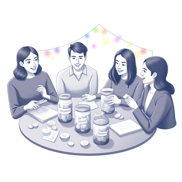 A group of four friends sitting around a table, each with a jar in front of them. The jars are filled with different amounts of coins and paper notes. The friends are engaged in animated conversation, with smiles on their faces. One friend is holding a calculator, while another is writing down notes on a notepad. The table is cluttered with additional coins, as well as snacks and drinks scattered around. Each jar is distinct, marked with labels such as “vacation,” “new gadget,” and “emergency fund.” There are colorful decorations in the background, hinting at a festive atmosphere.