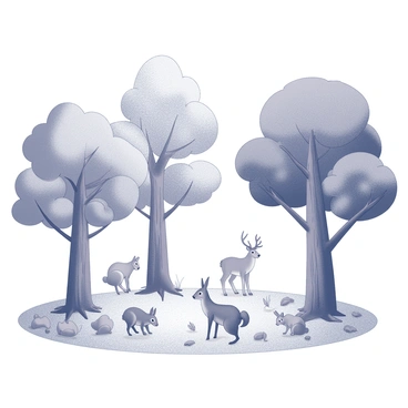 A forest filled with trees of various shapes and sizes. The trees display unique patterns on their bark and have canopies that vary in size and form. Small woodland creatures, such as squirrels, rabbits, and deer, are interacting in the scene. The squirrels are climbing the tree trunks while the rabbits are nibbling on grass near the base of the trees. A deer stands in a clearing, looking curiously at the playful activity around it. The forest floor is covered with fallen leaves, twigs, and patches of grass.