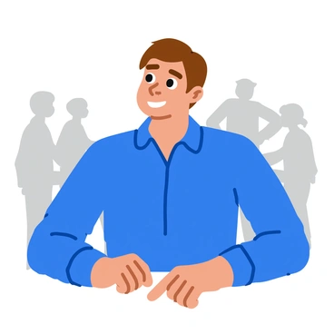 A person with short brown hair wearing a blue shirt is sitting at a table engaged in a conversation. Their facial expression shows a slight smile, and they are giving a subtle nod of agreement. The background includes soft, blurred outlines of other people in a casual setting, suggesting a friendly atmosphere. The person's hands are resting on the table, and there is a warm light illuminating their face, highlighting their attentive demeanor.