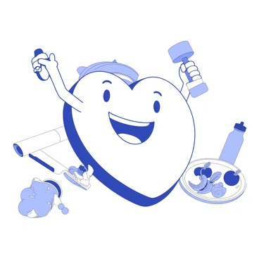 A cheerful cartoon heart character is in the center of the image, smiling widely. The heart has arms and legs, and it is wearing a headband and sneakers, indicating that it is ready for exercise. On one side, the heart character is holding a dumbbell high above its head, showcasing strength and fitness. On the other side, there is a colorful plate filled with fruits and vegetables, reflecting a healthy diet. In the background, there are exercise items such as a yoga mat and a water bottle. The overall composition conveys a lively and positive message about heart health.