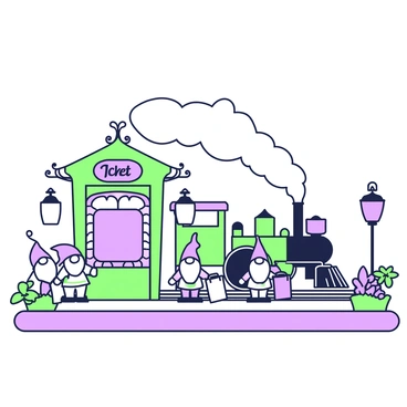 A whimsical train station filled with gnomes waiting for a tiny steam engine. The station features an ornate green-and-purple ticket booth with intricate designs. Gnomes with pointy hats and colorful clothing stand on the platform, some holding miniature suitcases while others gaze down the tracks. In the background, a small steam engine chugs along with a plume of smoke trailing behind it. Lanterns hang from the station's awning, and flowers bloom in planters along the edges of the platform.