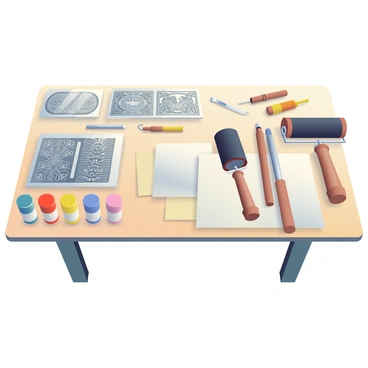 A workbench is covered with a variety of printmaking tools neatly arranged. There are several wooden brayers with different roller sizes in shades of brown and black. To the left, there are metal printing plates with intricate designs etched into them, showcasing fine details. A collection of ink tubes in vibrant colors, including red, blue, and yellow, are positioned beside the plates. Scattered around are various carving tools with wooden handles and sharp blades, alongside a stack of blank, textured paper. The workbench has a light wood finish, adding warmth to the scene.