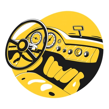 A vintage car dashboard featuring round, classic dials with black markings and white text. The dashboard has a polished wooden finish, showcasing intricate grain patterns and a smooth surface. The steering wheel is made of black leather with a wooden center, complementing the dashboard's aesthetic. Various knobs and switches are arranged neatly, each with distinct black and white designs. The background includes a glimpse of the car interior, with plush seats upholstered in a muted fabric.