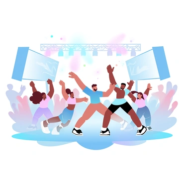 A group of energetic dancers in colorful outfits is performing on a brightly lit stage. The dancers are in dynamic poses, showcasing their movements in sync with the music. Behind them, vibrant stage lights are casting a variety of colors across the scene, creating a festive atmosphere. The background features an illuminated stage setup, complete with large screens displaying dynamic visuals. The audience can be seen cheering, raising their hands in excitement, surrounded by a haze of colorful lights.