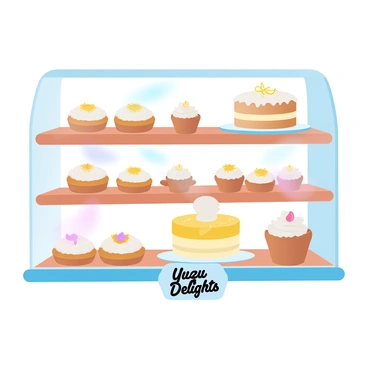 A cozy bakery display features an array of yuzu-flavored pastries and cakes neatly arranged behind a glass showcase. The pastries include delicate tarts with vibrant yellow yuzu curd, and fluffy cupcakes topped with creamy yuzu frosting. A large yuzu cake, adorned with a glaze and zest, takes center stage. Soft lighting enhances the warm atmosphere of the bakery, casting gentle shadows on the wooden shelves. A small sign in front of the display reads, "Yuzu Delights," inviting customers to indulge.