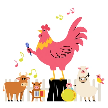 A rooster with vibrant red feathers and a shiny golden beak stands proudly on a wooden stump. The rooster is holding a tiny microphone in one wing. Surrounding the rooster are various farm animals including a brown cow with big eyes playing a small accordion, a cheerful pig tapping its hooves on a drum, and a fluffy white sheep holding a tambourine. A few colorful birds are perched on nearby fences, singing along. The scene is filled with a sense of energy, with musical notes floating in the air around the animals, creating a lively atmosphere of a musical performance.