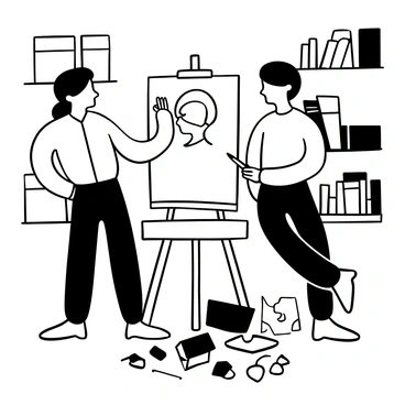 An illustration tutor standing beside a student at an easel. The tutor is pointing towards a sketch of a head on the easel. The student is holding a pencil and looking attentively at the drawing. A collection of art supplies, such as charcoal sticks and sketch papers, is scattered on the table in front of them. The background includes shelves filled with books and completed artworks. The atmosphere captures a moment of learning and creativity.