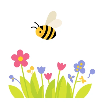 A honeybee with vibrant yellow and black stripes is flying above a colorful meadow. The meadow is filled with various wildflowers in shades of red, purple, blue, and yellow. The flowers are swaying gently in the breeze, and the bright green grass creates a lively backdrop. The honeybee is captured mid-flight, with its delicate wings slightly blurred to show movement.
