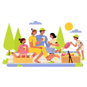 A family of four is sitting on a colorful picnic blanket in a sunny park. The mother, wearing a bright yellow dress, is smiling as she hands a sandwich to her young daughter, who has curly brown hair and is wearing a pink t-shirt. The father, with short black hair and a blue shirt, is pouring lemonade into glasses while the son, wearing a green cap and striped shorts, is playing with a red frisbee nearby. In the background, there are tall green trees and a clear blue sky with a shining sun. A picnic basket filled with fruits and snacks is placed beside them.