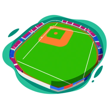 An aerial view of a baseball field showcasing the diamond shape prominently in the center. The infield is well-defined with bright white chalk lines outlining the bases, while the outfield features vibrant green grass. Surrounding the field are rows of bleachers filled with spectators. The bleachers are a mix of red and blue seats, creating a colorful contrast against the grassy field. Sunlight casts shadows across the diamond, highlighting the bases and pitcher's mound.
