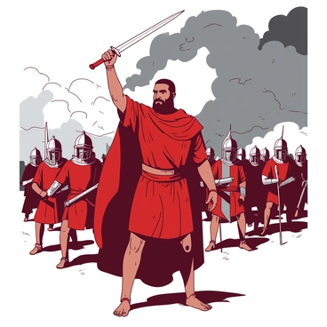 A red-cloaked warrior stands prominently at the front, embodying "Othello," as he leads his determined troops on a smoky battlefield. His eyes are filled with resolve, and he raises a sword high above his head, signaling his soldiers to advance. In the background, soldiers wearing armor and holding various weapons are positioned, ready for battle. The smoke rises around them, partially obscuring the terrain, creating an atmosphere of tension. The sky is a mix of dark clouds, hinting at an impending storm, adding to the dramatic scene.