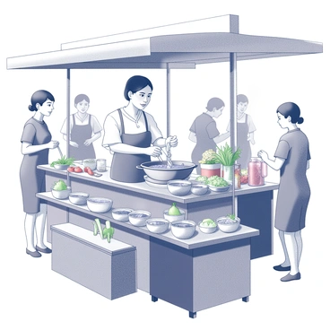 A street vendor is standing behind a small stall, equipped with various cooking utensils and ingredients. The vendor is focused on preparing "Khao Soi," a traditional dish, stirring a pot filled with rich, aromatic broth. Several bowls are arranged on the counter, ready to be filled. The market is bustling with activity, showcasing other food stalls around the vendor. Customers can be seen browsing and sampling different offerings, while nearby, colorful ingredients such as herbs and vegetables are displayed. The air is filled with the enticing scents of street food, creating a vibrant atmosphere.