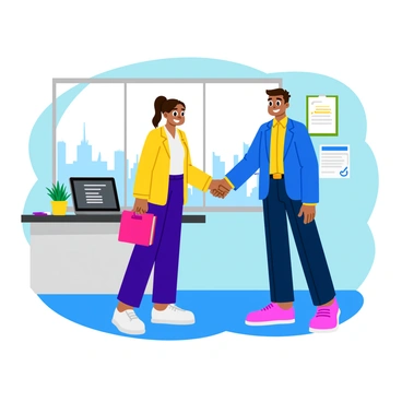 A cheerful person with a bright smile is shaking hands with a recruiter in a modern office setting. The recruiter is wearing a professional outfit, and both individuals are standing near a large window that lets in natural light. The office has a sleek desk with a laptop, a few notebooks, and a potted plant nearby. The walls are adorned with motivational posters, and a city skyline can be seen through the window. Both people are dressed in business attire, conveying a sense of professionalism and positive energy in the interaction.