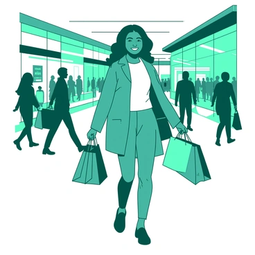 A teal satisfied shopper is walking through a busy mall, carrying multiple colorful shopping bags in both hands. The shopping bags are vivid and distinct, showcasing various designs. Surrounding the shopper, there are blurred figures of other people moving about, engaged in shopping. The mall features bright lights and a variety of storefronts in the background, enhancing the lively atmosphere. The shopper has a smile on their face, reflecting their enjoyment of the shopping experience.