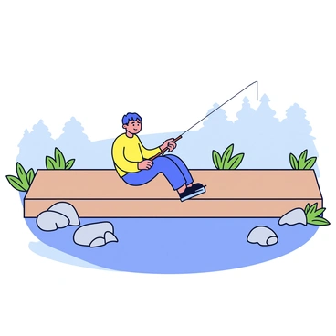 An angler sitting on a wooden dock with a light brown color. The angler has a relaxed posture, holding a fishing rod in one hand. The fishing rod has a simple design with a reel attached. The water below the dock is calm and reflects the blue sky. Surrounding the dock are green plants and a few rocks scattered along the edge. In the distance, there are soft outlines of trees framing the scene.